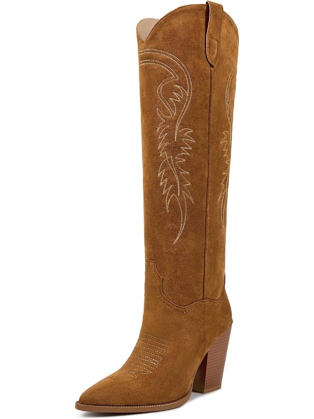 Women’s Suede Brown Pointed Toe Chunky Heel Western Knee High Cowboy Boots